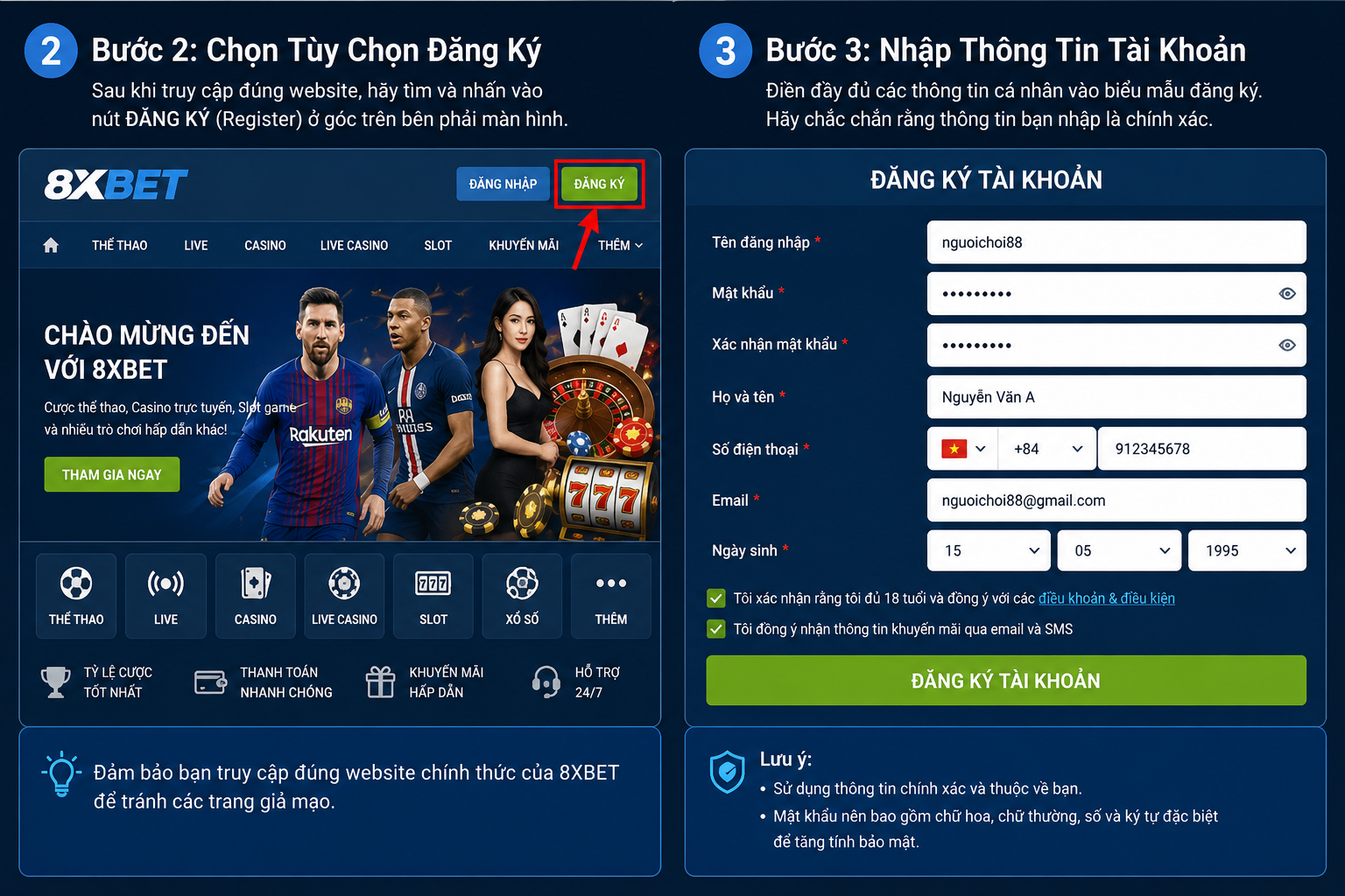 Bước 2 và 3 đăng ký 8XBET: chọn đăng ký và nhập thông tin tài khoản